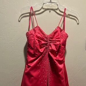 EUC Coral Red Pearls & Crystals Beaded Satin Spaghetti Strap Dress Attached 7 Jr